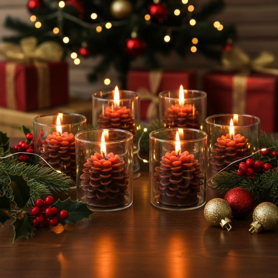 6 Sets Pine Cone Candles Flamm – обзор и цена Holiday Candle Set